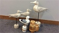 FOUR WOOD SEA GULLS AND “DOCK” CANDLE HOLDER