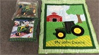 TWO JOHN DEERE THROW PILLOWS AND MACHINE QUILTED