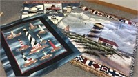 TWO LIGHTHOUSE MOTIF THROW BLANKETS AND A