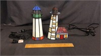 2 STAINGLASS LIGHTHOUSE TABLE LAMPS, AND STRING