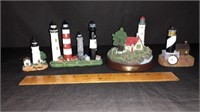 4 LIGHTHOUSE FIGURINES, ONE IS A CLOCK