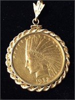1932 Indian Head Gold $10 Coin With Bezel For