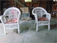 2 wicker chairs, iron type table, plant stand