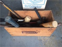 WOODEN ARMOUR BOX WITH HAMMERS, PIPE WRENCHES