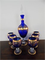 Gold Painted Blue Glass Decanter Set