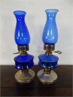 Pair of Blue Glass Oil Lamps
