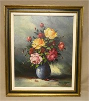 Floral Still Life Oil on Canvas, Signed.