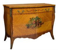 LOUIS XV STYLE WALNUT FIGURAL PAINTED COMMODE