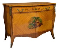 LOUIS XV STYLE WALNUT FIGURAL PAINTED COMMODE