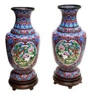 (2) CHINESE CLOISONNE ENAMEL VASES ON STAND