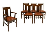 (6) ARTS AND CRAFTS OAK DINING CHAIRS & ARMCHAIR