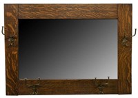 ARTS & CRAFTS OAK FRAMED HALL MIRROR W/ HOOKS