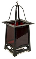 ENGLISH ARTS & CRAFTS IRON GLASS HANGING LANTERN