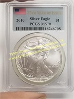 2010 SILVER EAGLE PCGS MS70 GRADED 25TH YEAR COIN