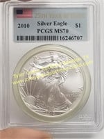 2010 SILVER EAGLE PCGS MS70 GRADED 25TH YEAR COIN