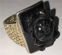 Sterling Silver And Carved Black Stone Ring