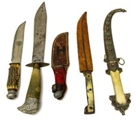 (5) FIXED BLADE KNIVES, BOWIE STYLE, TIBETAN