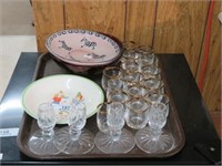 TRAY OF CANDLE HOLDERS, SHOT GLASSES, ETC