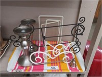 TRAY OF CANDLE HOLDERS, HANGING BRACKETS, ETC