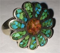 Sterling Silver, Turquoise & Coral Ring
