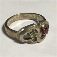 Sterling Silver Heart Ring Red And Green Stones