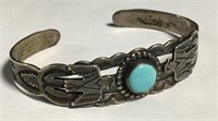 Coin Silver And Turquoise Cuff Bracelet