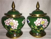Pair Of Cloisonne Green & Floral Jars With Lids