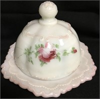 Milk Glass Hand Painted Butter Dish