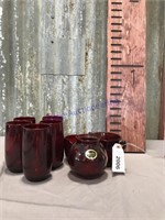 Red glassware--5 glasses, cream & sugar, vase