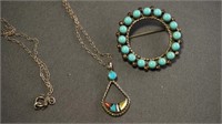 Southwest Silver and Turquoise Necklace and Brooch