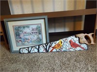 PAINTED CARDINAL SAW AND PICTURE