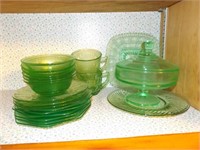 GREEN DEPRESSION CUPS, SAUCERS, PLATES, CANDY
