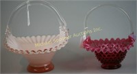 TWO GLASS BASKETS - PINK OPAQUE AND CRANBERRY