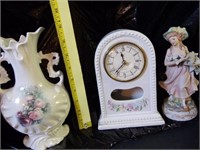 Ceramic Clock, Figurine & Rose Vase