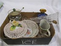 Box lot w. vases, pitcher, covered dish, etc.