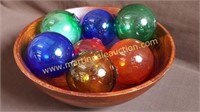 Wooden Bowl Centerpiece W Blown Glass Spheres