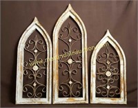 3) Cathedral Window Style Metal Art, Wood Frames
