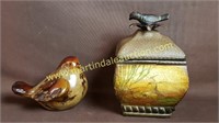 Pottery Bird & Wooden Lidded Box, Iron Bird Finial