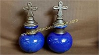 Creative Co-op Blue Glazed Pottery Jars w Cross