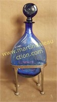 Blown Glass Blue Decanter w Iron Stand Base