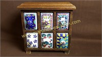 Hand-Painted Ceramic and Wood Mini Cabinet