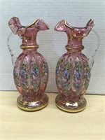 Pair Of Hand Painted Cranberry Glass Handles Vases