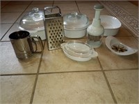 Corningware casserole dish set and misc. kitchen
