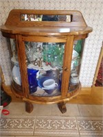 Small oak curved glass lighted curio cabinet no