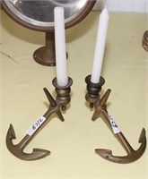 2 NAUTICAL BRASS ANCHOR CANDLE HOLDERS