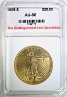 1908-S $20.00 ST GAUDENS GOLD, TDCS AU/BU