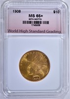1908 $10 GOLD INDIAN WITH MOTTO, WHSG GEM BU+