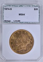 1874-S $20.00 GOLD LIBERTY, PCI CH/GEM BU