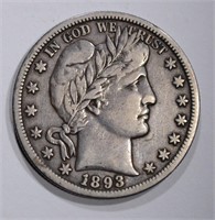 1893-S BARBER HALF DOLLAR, VF/XF KEY COIN