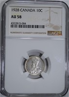 1928 CANADA DIME, NGC AU-58